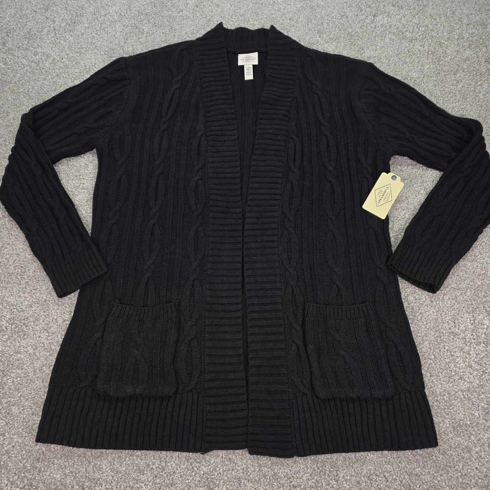 St Johns Bay Womens Black Cable Knit Open Front Cardigan Sweater Large NWT